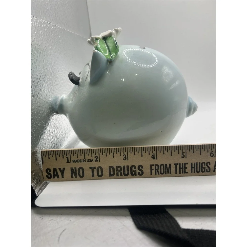 Ceramic Anthropomorphic Blue Piggy Bank Daisy Flower Long Eyelashes Vintage